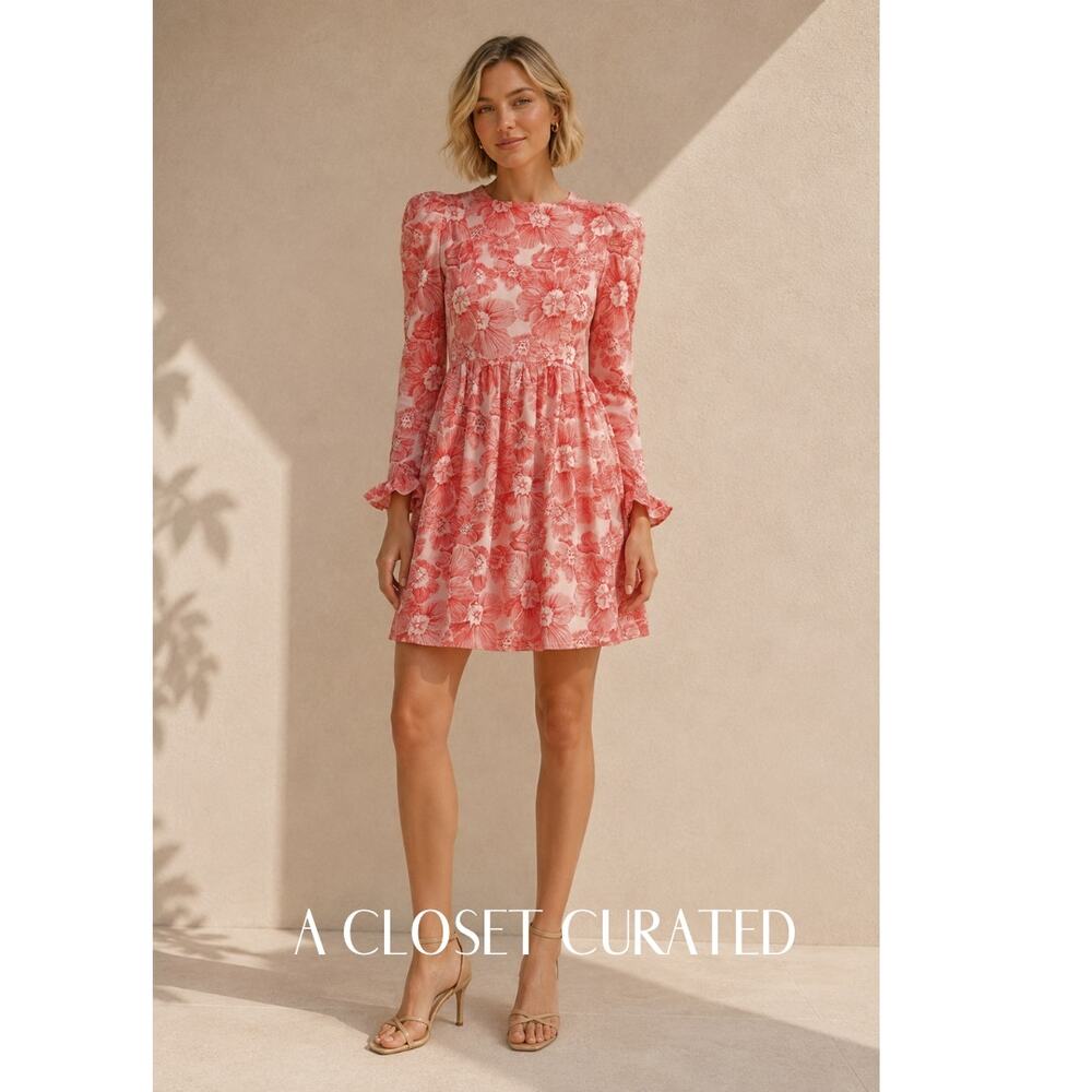 Batsheva Prairie Floral Satin Mini Dress 2 Red NWT